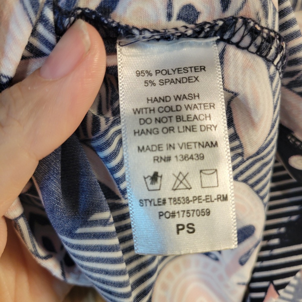 SJS Petite Floral Striped Button Down Blouse Pink Navy Blue PS T8538-PE-EL-RM - Picture 4 of 8